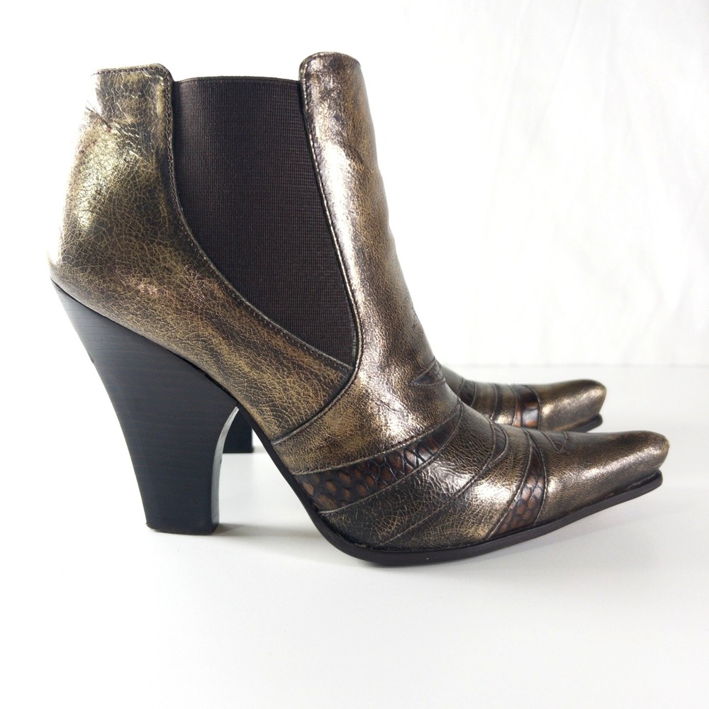 Carlos Torch Bronze Pointy Ankle Boot Western Patchwork Womens 7.5 Indie Sleaze